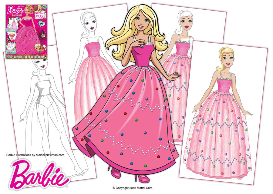 Some cartoon illustrations of Barbie’s Carnival Dress drawing lesson in Barbie Magazine. some cartoon illustrations of barbie's carnival dress drawing lesson in barbie magazine