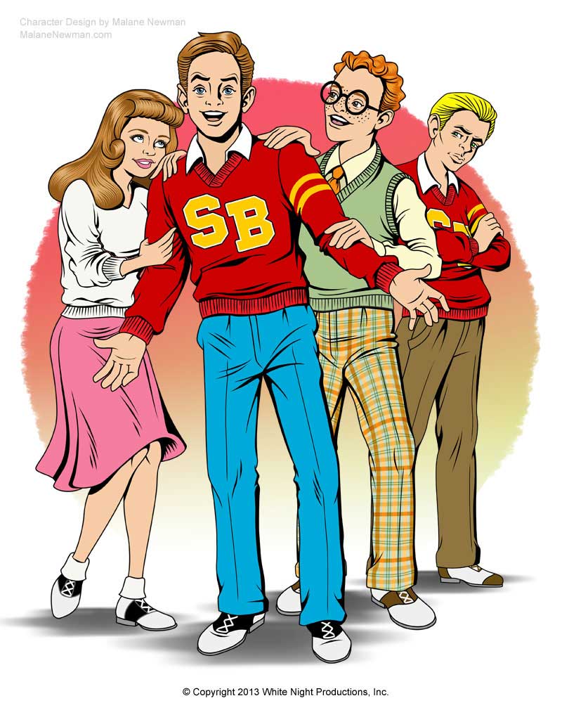 retro comic book style character design of 4 retro characters