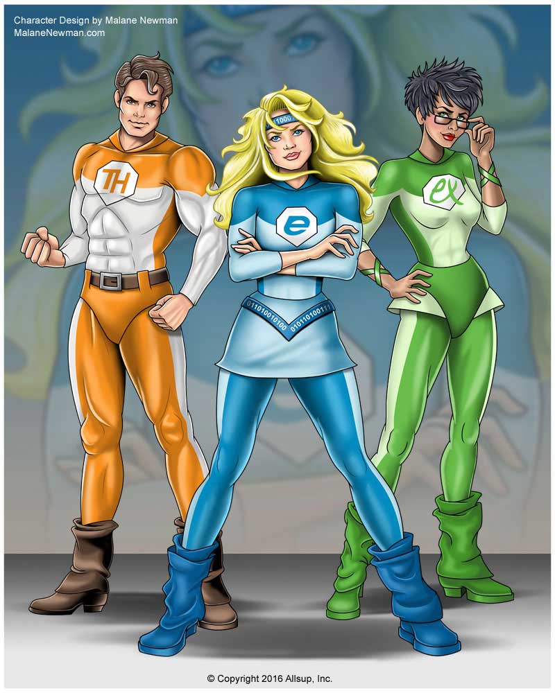 comic book style character design of 3 superheros for Allsup