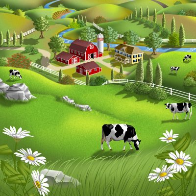 Freelance Illustrator Hired to Illustrate a Large Dairy Farm for Milk Container freelance illustrator hired to illustrate a large dairy farm for milk packaging