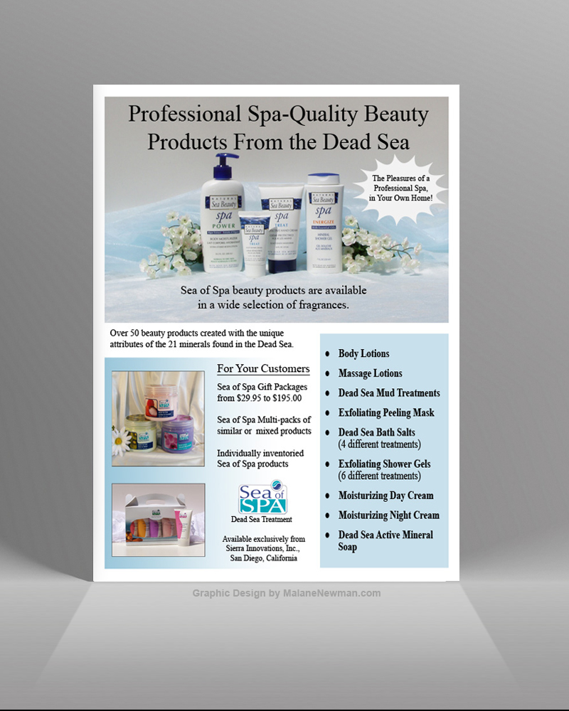graphic design of a sales sheet promoting new spa beauty products