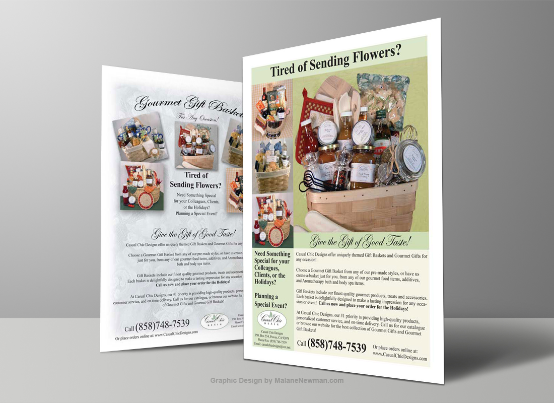 graphic design of 2 sales sheet promoting gourmet food baskets