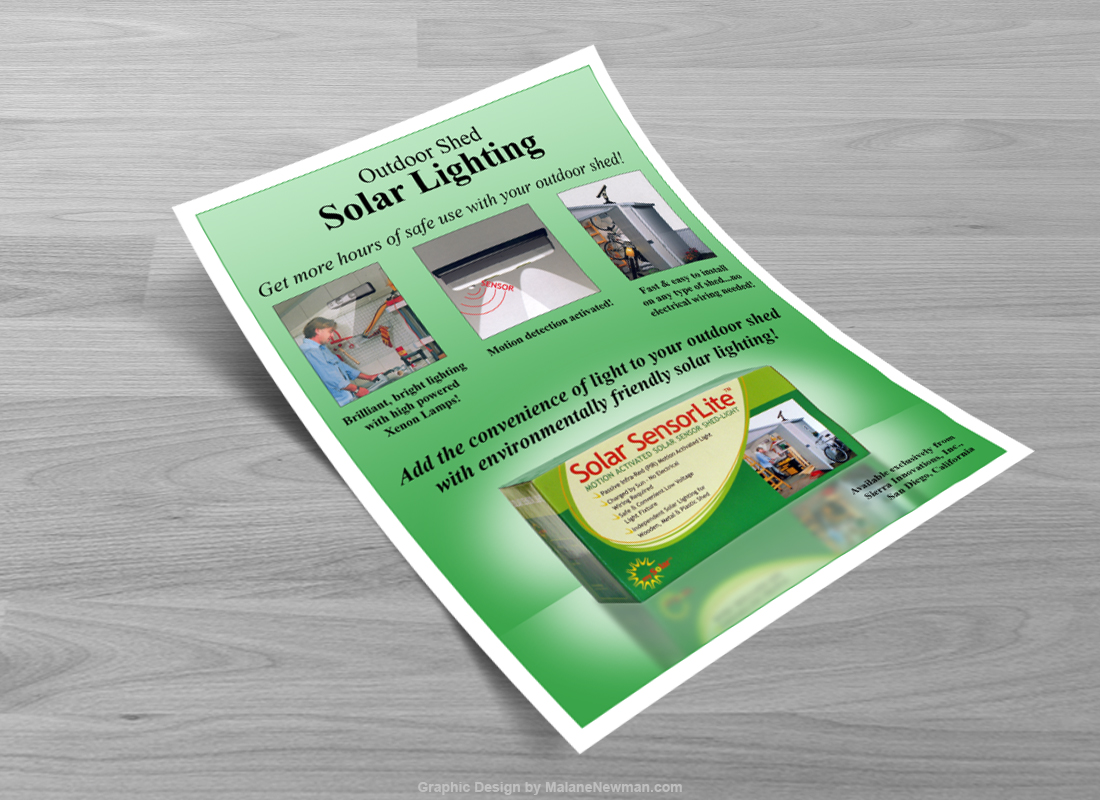 graphic design of sales sheet for new solar light product for a garden shed
