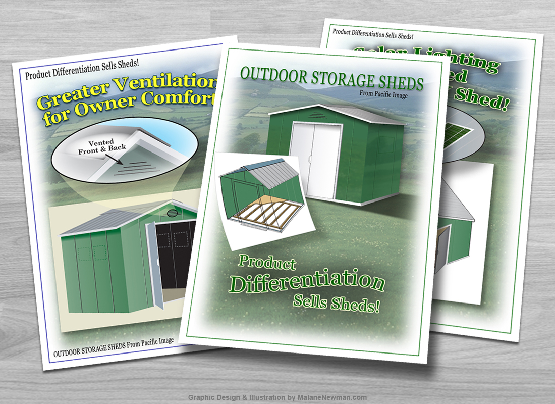 graphic design of sales sheet and illustration of new outdoor sheds product