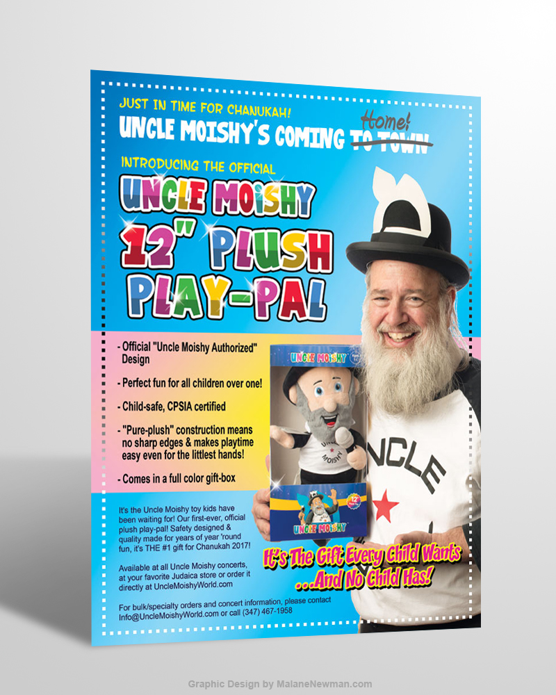 graphic design of sales sheet for uncle moishy doll