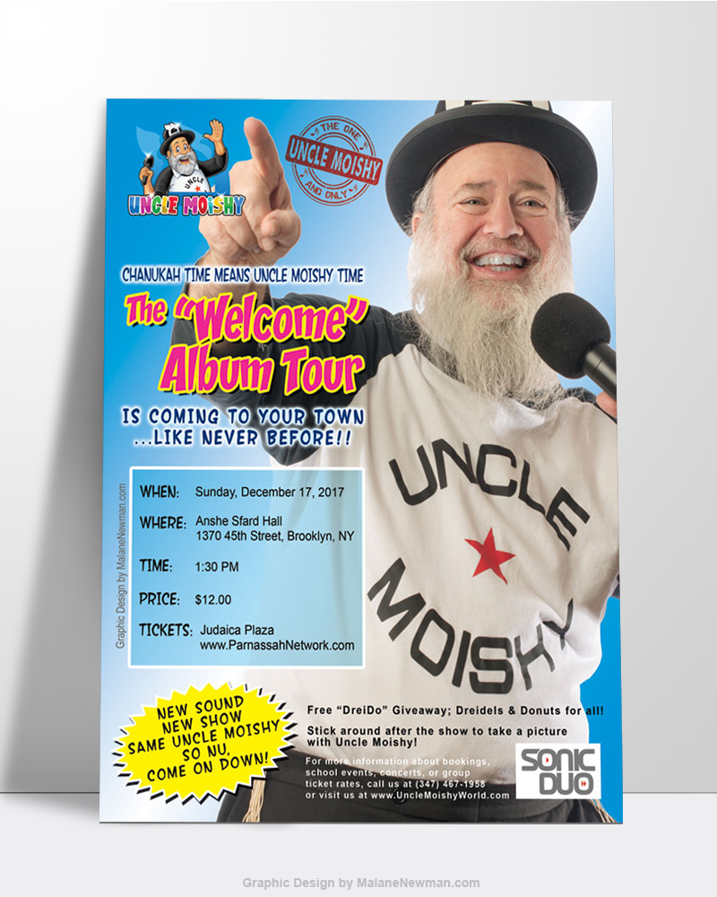 graphic design of sales sheet promoting Uncle Moishy World Tour
