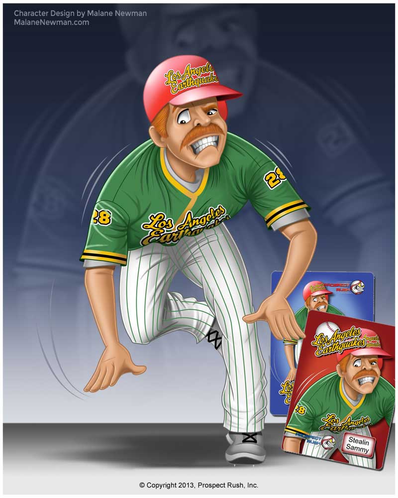 cartoon character design of a baseball player sliding into base