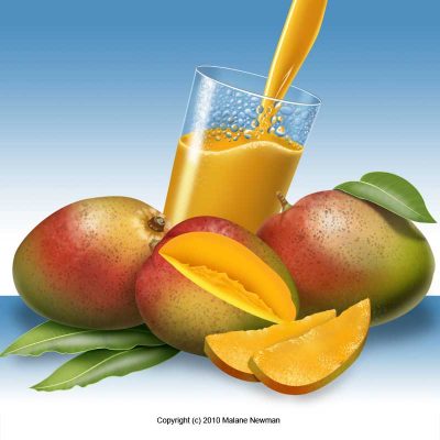 Photo Realistic Food Illustration of Mango Fruit and Glass of Mango Juice photo realistic food illustration of mango fruit and glass of mango juice