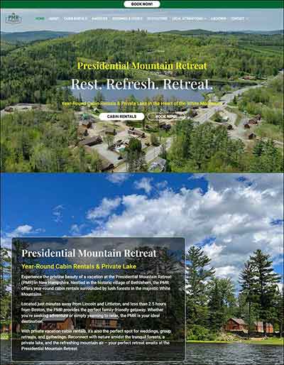 Photo shows a screen capture of the Freelance Wordpress website designed and developed for Presidential Mountain Retreat.com