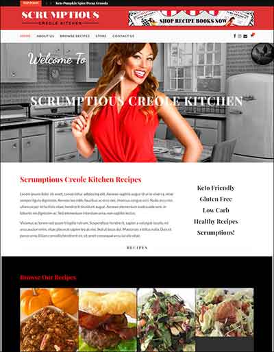 Freelance Website Designer for Scrumptious Creole Kitchen.com Photo shows a screen capture of the Freelance Wordpress website designed and developed for Scrumptious Creole Kitchen.com